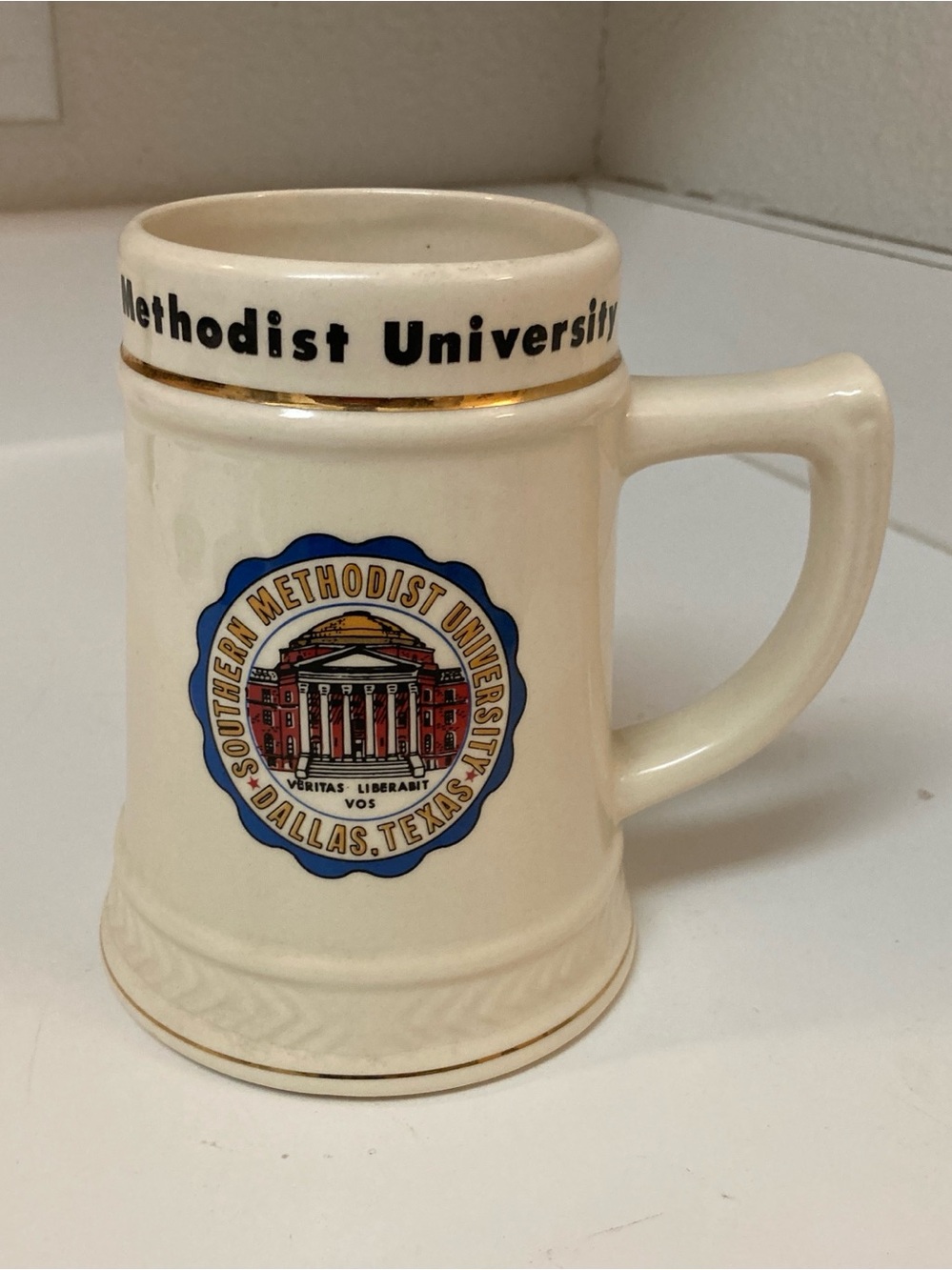 Vtg Southern Methodist University SMU Ceramic Stein Mug 6” Tall Mustangs